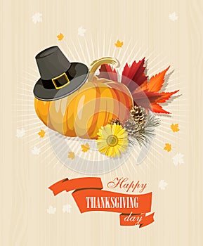 Happy Thanksgiving Day card with light wooden background