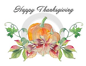 Happy Thanksgiving Day card with pumpkins and autumn leaves.