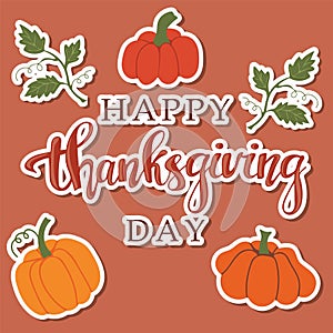Happy Thanksgiving day card with pumpkins stickers
