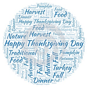 Happy Thanksgiving Day in a circle shape word cloud.