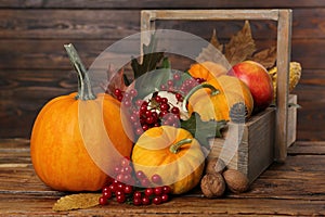 Happy Thanksgiving day. Composition with pumpkins, berries and walnuts on wooden table, closeup