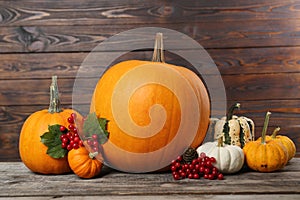 Happy Thanksgiving day. Composition with pumpkins and berries on wooden table