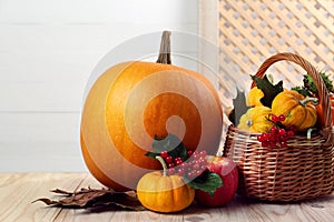 Happy Thanksgiving day. Composition with pumpkins and berries on wooden table