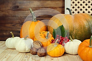 Happy Thanksgiving day. Composition with pumpkins, walnuts and berries on wooden table, closeup