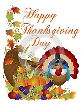 Happy Thanksgiving Day Cornucopia Turkey Illustrat