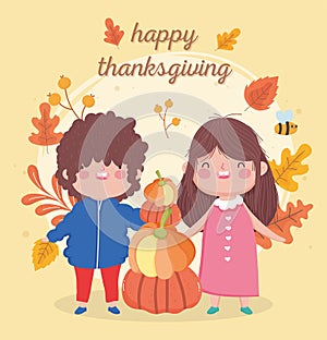 Happy thanksgiving day cute boy and girl with pile pumpkins leaves