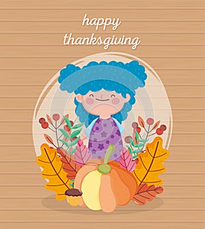 Happy thanksgiving day cute girl blue hair with cake pumpkin