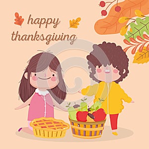 Happy thanksgiving day cute girl and boy pie and filled basket fruits