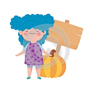 Happy thanksgiving day cute girl with pumpkin and wooden sign