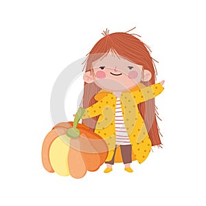Happy thanksgiving day cute little girl with coat and pumpkins