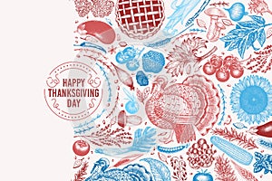 Happy Thanksgiving Day design template. Vector hand drawn illustrations. Greeting Thanksgiving card in retro style. Frame with tu