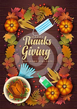 Happy Thanksgiving Day elements with wood background poster, banner template. Vector illustration. covid 19, coronavirus concept