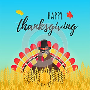 Happy thanksgiving day flat style design poster vector illustration with turkey in the field, text and autumn leaves