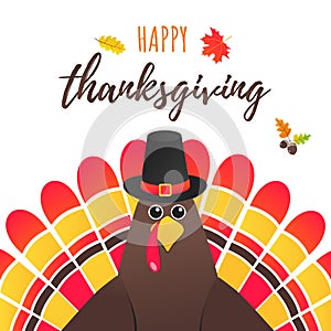 Happy thanksgiving day flat style design poster vector illustration with turkey, text and autumn leaves