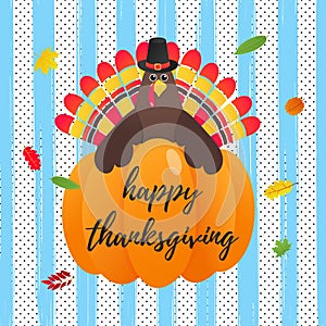 Happy thanksgiving day flat style design poster vector illustration with turkey, text, autumn leaves and pumpkin