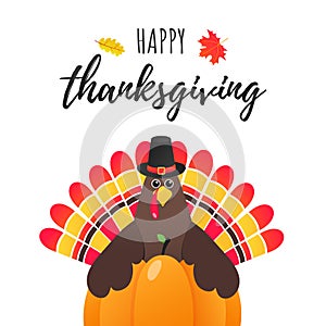 Happy thanksgiving day flat style design poster vector illustration with turkey, text, autumn leaves and pumpkin
