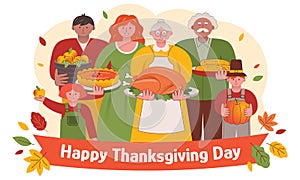 Happy Thanksgiving Day flat vector illustration and sweet familyows celebrating