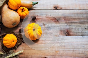 Happy Thanksgiving day with fruit and vegetable on wood in autumn