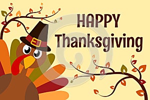 Happy Thanksgiving Day. Funny cartoon character turkey bird in pilgrim hat background wallpaper card. Vector illustration