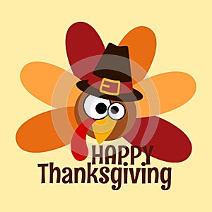 Happy Thanksgiving Day. Funny cartoon character turkey bird in pilgrim hat background wallpaper card. Vector illustration