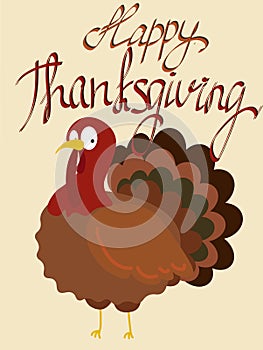 Happy Thanksgiving Day. Greeting card with cartoon turkey in autumn colors