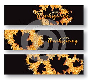 Happy Thanksgiving Day greeting card with origami beautiful autumn black maple leaves