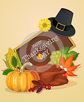 Happy Thanksgiving Day greeting card with pumpkins, pilgrim hat and turkey