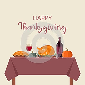Happy Thanksgiving Day greeting card. Thanksgiving table with turkey.