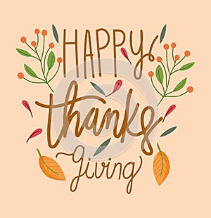 Happy thanksgiving day, lettering card branches fruits season celebration