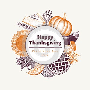 Happy Thanksgiving Day logo template. Vector hand drawn illustrations. Greeting Thanksgiving card in retro style. Design