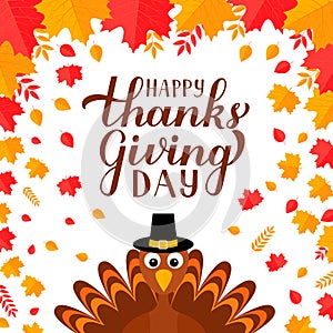 Happy Thanksgiving Day modern calligraphy brush lettering with cute cartoon turkey and colorful fall leaves. Easy to edit vector