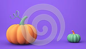 Happy thanksgiving day. Orange and green pumpkins on purple background