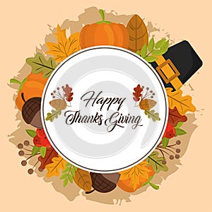 Happy thanksgiving day, pilgrim hat acorn leaves foliage frame label