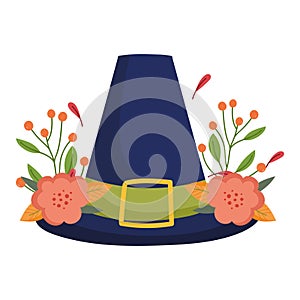 Happy thanksgiving day, pilgrim hat flowers leaves fruits decoration celebration