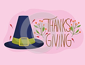 Happy thanksgiving day, pilgrim hat foliage season decoration card