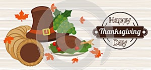 Happy thanksgiving day poster with pilgrim hat and turkey in wooden background