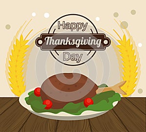 Happy thanksgiving day poster with turkey food and spikes