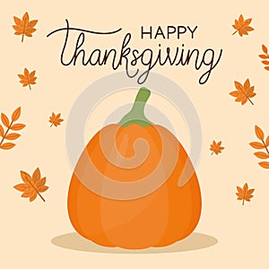 Happy thanksgiving day with pumpkin and leaves vector design