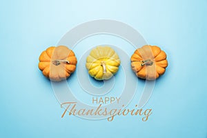 Happy Thanksgiving Day with pumpkin and nut on blue background