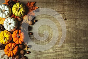 Happy Thanksgiving Day with pumpkin and nut on wooden table