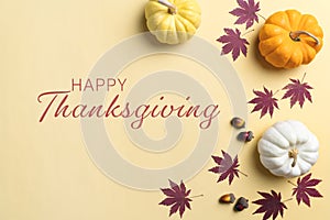 Happy Thanksgiving Day with pumpkin and nut on yellow background