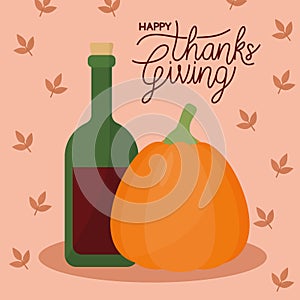 Happy thanksgiving day with pumpkin wine and leaves vector design