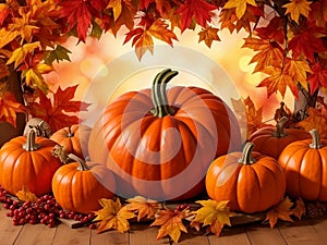 Happy thanksgiving day, pumpkins and autumn leaves cool background