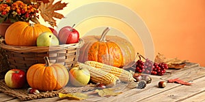 Happy Thanksgiving Day with Pumpkins and Corncobs photo
