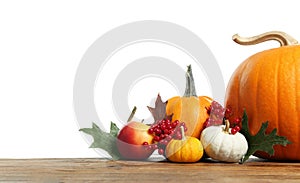 Happy Thanksgiving day. Pumpkins, leaves and berries on wooden table against white background. Space for text