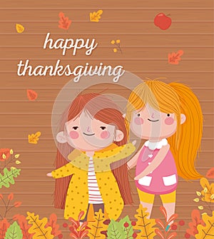 Happy thanksgiving day smiling girls fall leaves celebration