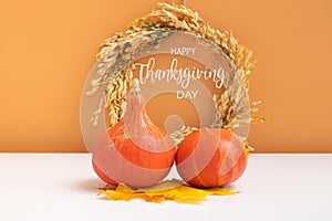 Happy Thanksgiving Day text message with collection of autumn pumpkins with wreath on white orange background. Greeting