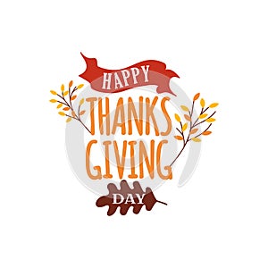 Happy thanksgiving day text vector with autumn fall tree illustration. Logo, badge sticker, label, card, banner, poster vector