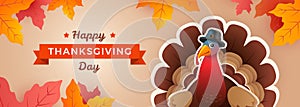 Happy Thanksgiving Day turkey banner with Thanksgiving turkey, fall foliage leaves, and Happy Thanksgiving Day lettering. Vector