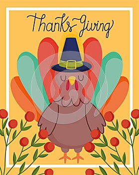 Happy thanksgiving day, turkey with hat branch berries card